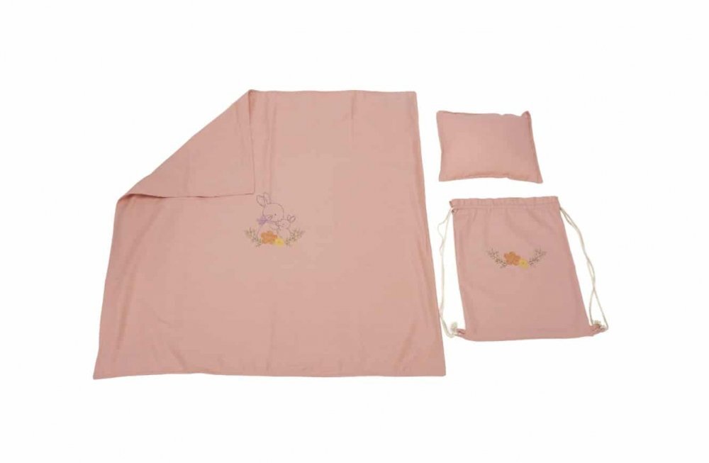 Somnart Set paturica perna si rucsac cu broderie din in roz