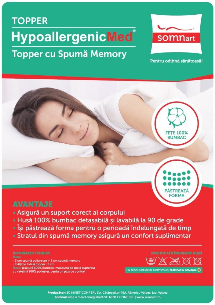 Somnart Topper cu memorie si husa din bumbac detasabila Hypoallergenicmed 160 x 200 x 5 cm