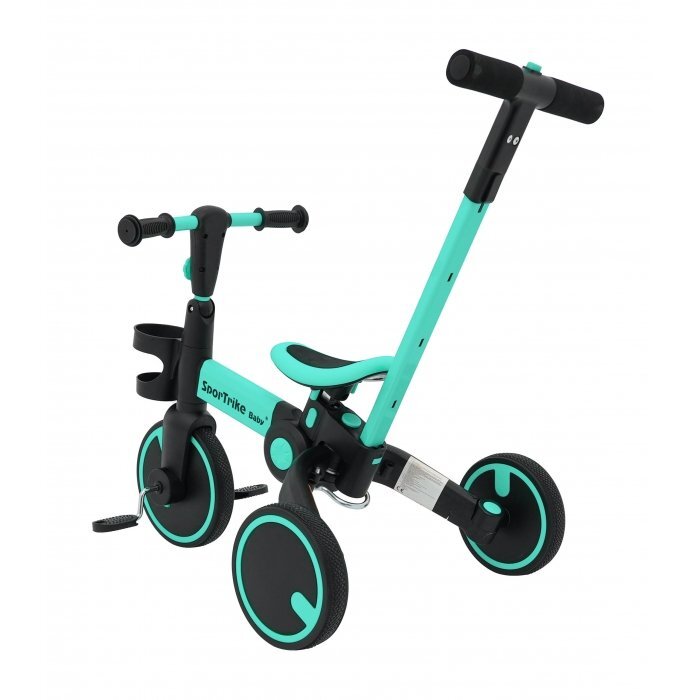 SporTrike Tricicleta pentru copii Albastru 3 in 1 cu pedale roti din cauciuc scaun reglabil in 2 trepte suport pahar maner reglabil pe inaltime si detasabil