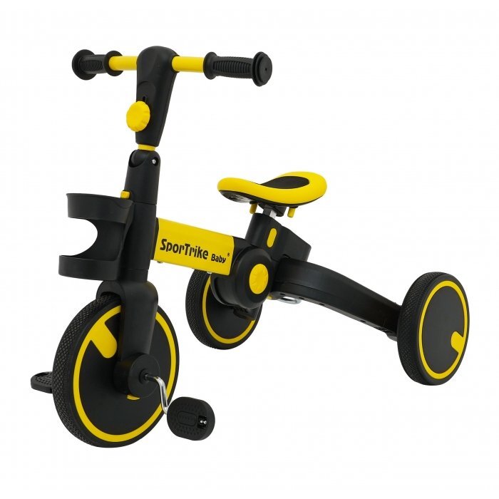 SporTrike Tricicleta pentru copii Galben 3 in 1 cu pedale roti din cauciuc scaun reglabil in 2 trepte suport pahar maner reglabil pe inaltime si detasabil