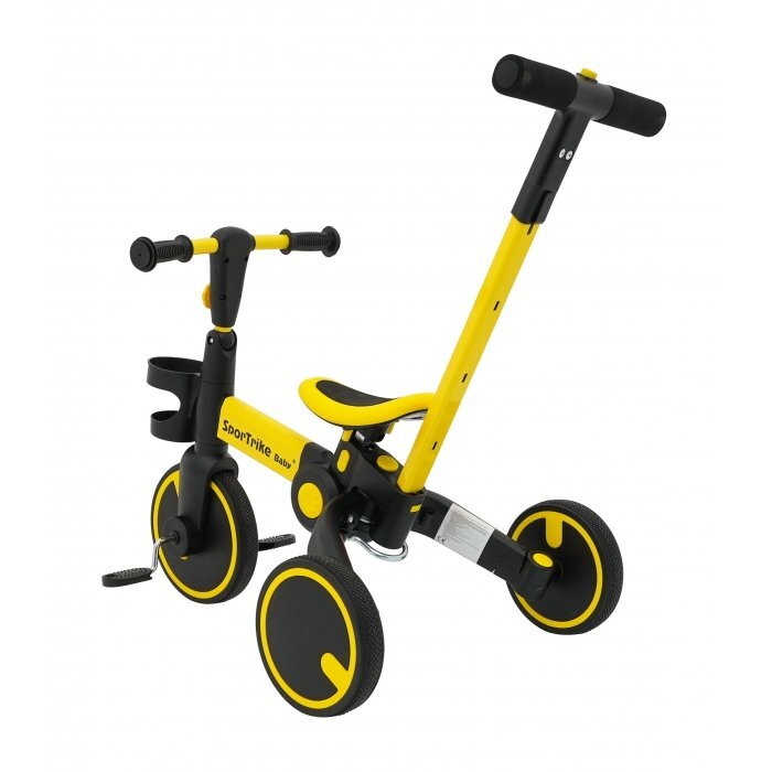 SporTrike Tricicleta pentru copii Galben 3 in 1 cu pedale roti din cauciuc scaun reglabil in 2 trepte suport pahar maner reglabil pe inaltime si detasabil