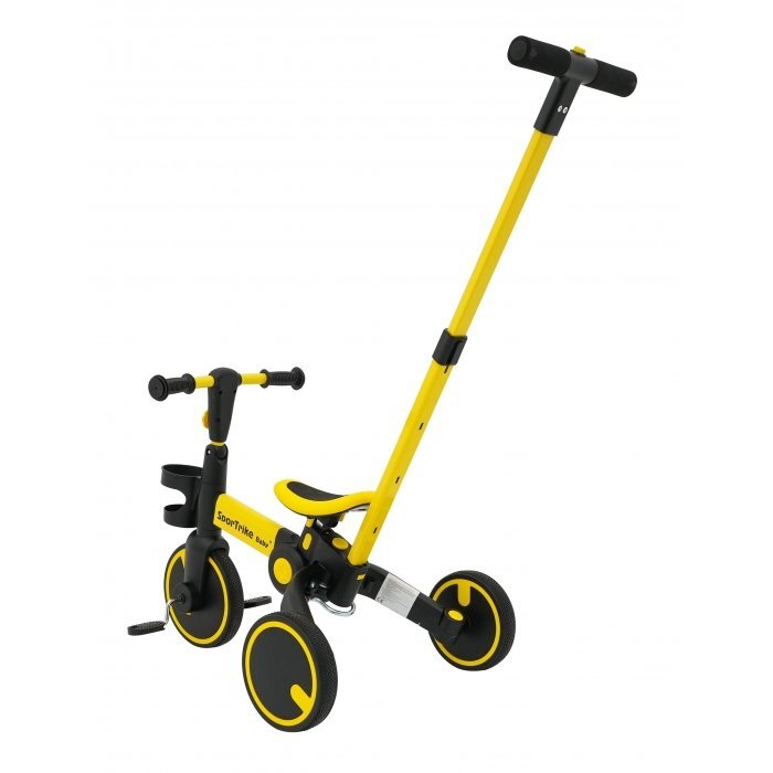 SporTrike Tricicleta pentru copii Galben 3 in 1 cu pedale roti din cauciuc scaun reglabil in 2 trepte suport pahar maner reglabil pe inaltime si detasabil