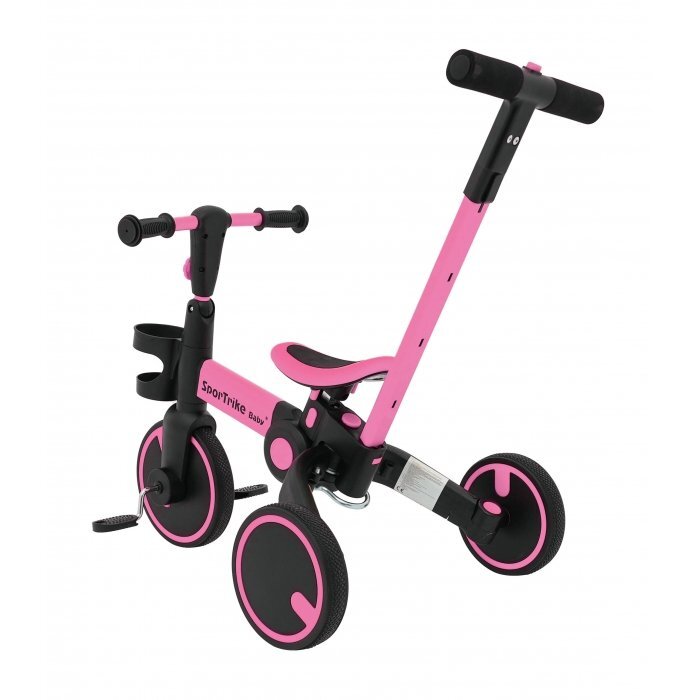 SporTrike Tricicleta pentru copii Roz 3 in 1 cu pedale roti din cauciuc scaun reglabil in 2 trepte suport pahar maner reglabil pe inaltime si detasabil