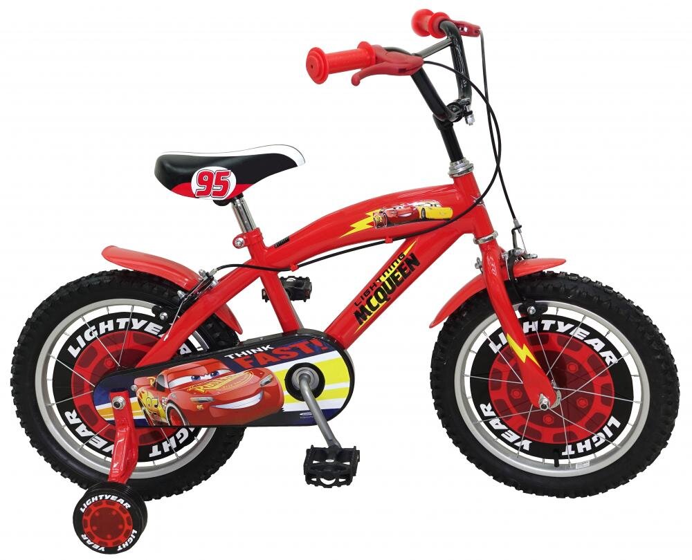 Stamp Bicicleta copii Cars 16 inch varsta 5-7 ani inaltimea recomandata 104-110 cm scaun si ghidon ajustabile pe inaltime roti ajutatoare frana de mana pe ambele roti