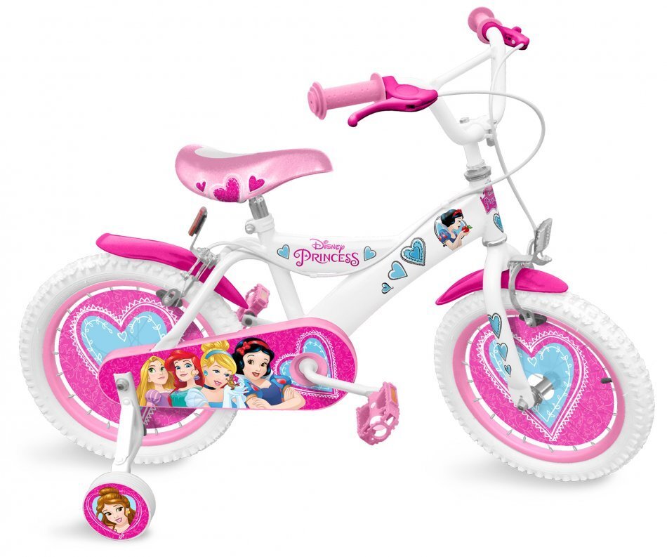 Stamp Bicicleta copii Disney Princess 16 inch varsta 5-7 ani inaltime recomandata 104-110 cm scaun ajustabil roti ajutatoare jante si spite din otel pinion fix frana de mana fata si frana de picior spate