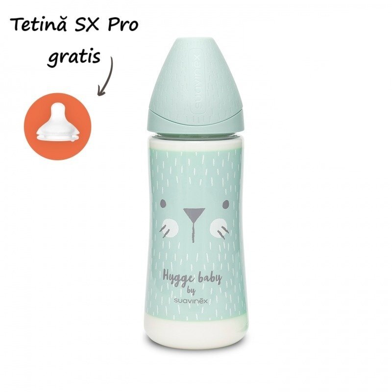 Suavinex Biberon 360 ml cu tetina rotunda din silicon Hygge debit dens pisica verde