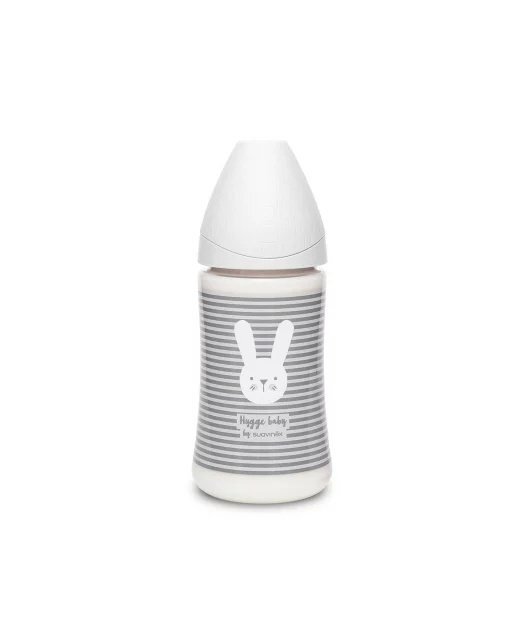 Suavinex Biberon cu tetina rotunda din silicon cu 3 fluxuri iepuras cu linii gri Hygge 270 ml