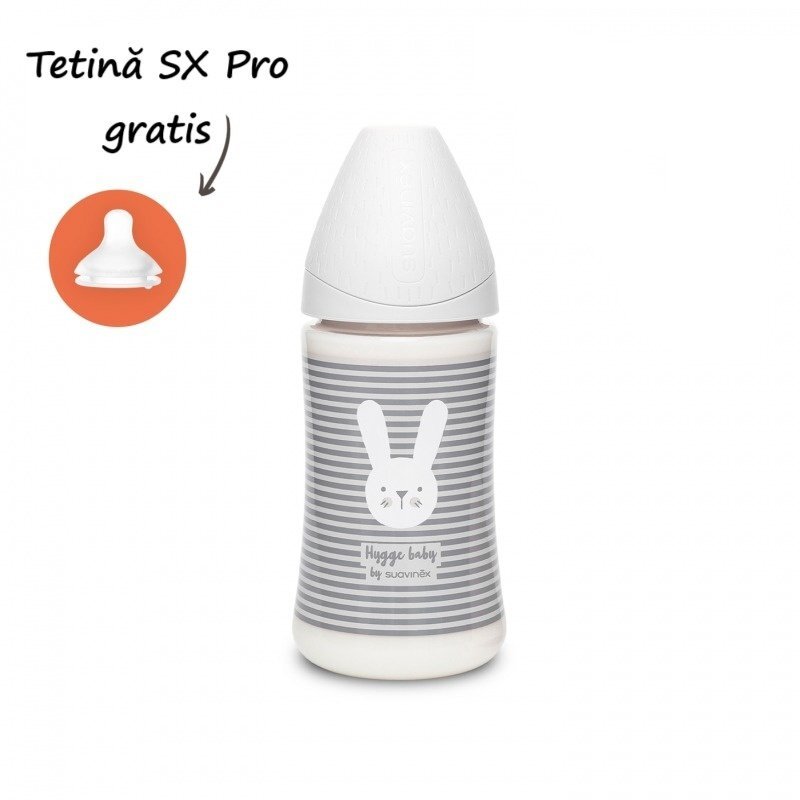 Suavinex Biberon cu tetina rotunda din silicon cu 3 fluxuri iepuras cu linii gri Hygge 270 ml