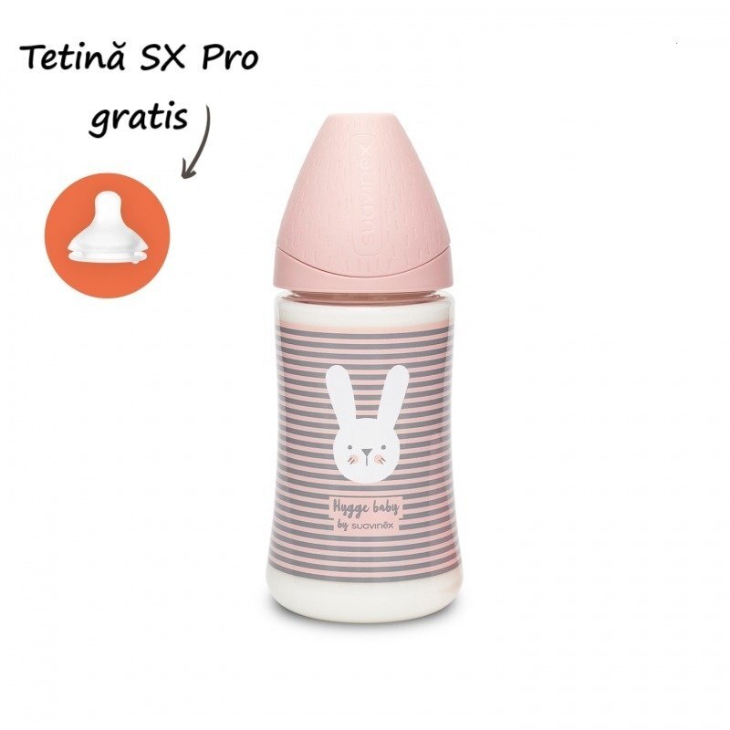 Suavinex Biberon cu tetina rotunda din silicon cu 3 fluxuri iepuras cu linii roz Hygge 270 ml
