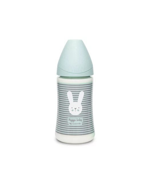 Suavinex Biberon cu tetina rotunda din silicon cu 3 fluxuri iepuras cu linii verzi Hygge 270 ml