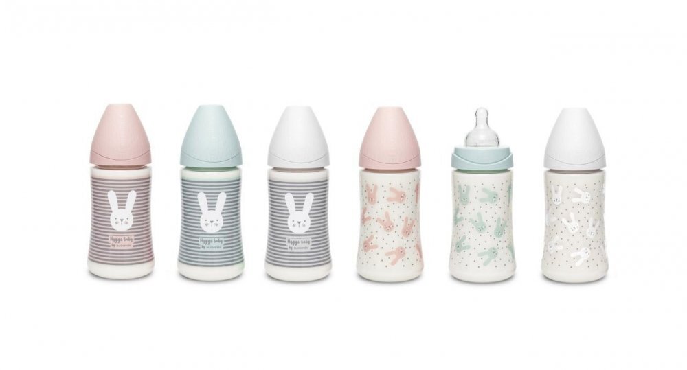 Suavinex Biberon cu tetina rotunda din silicon cu 3 fluxuri iepuras cu linii verzi Hygge 270 ml