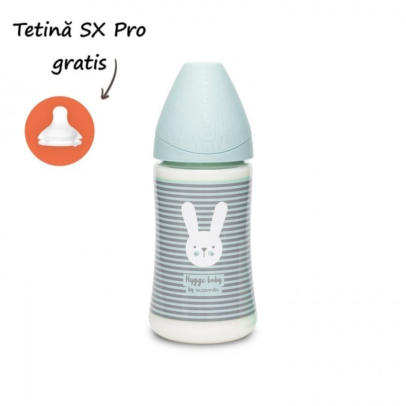 Suavinex Biberon cu tetina rotunda din silicon cu 3 fluxuri iepuras cu linii verzi Hygge 270 ml