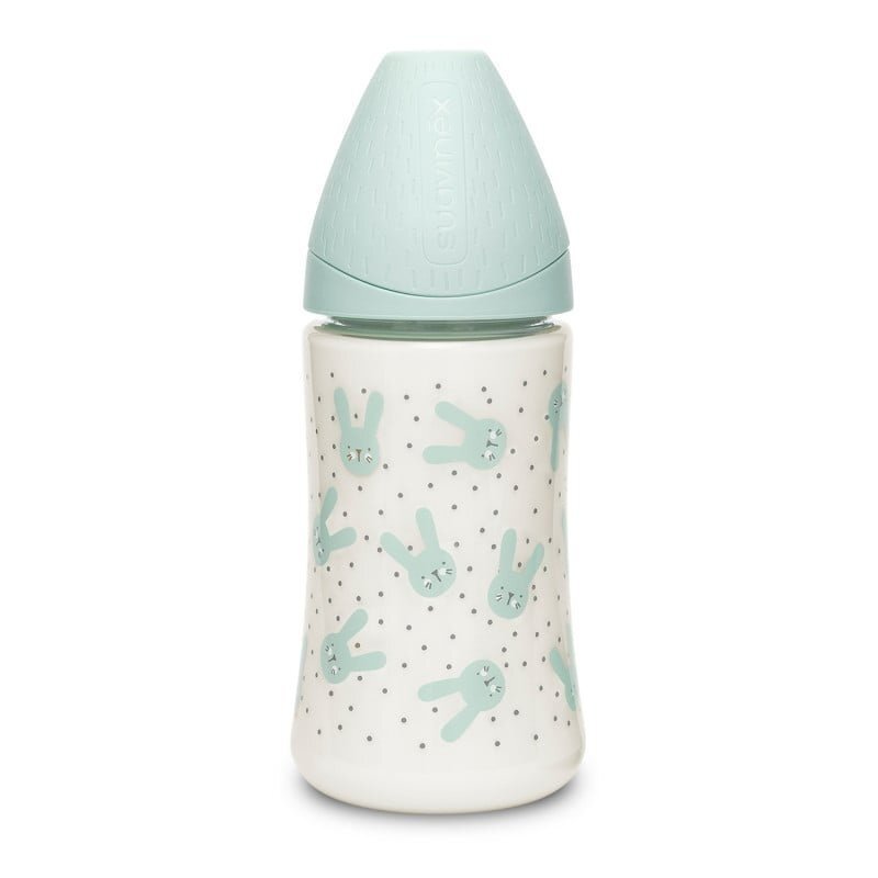 Suavinex Biberon cu tetina rotunda din silicon cu 3 fluxuri iepuras verde Hygge 270 ml