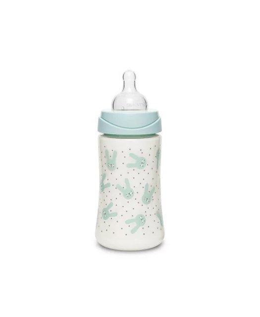Suavinex Biberon cu tetina rotunda din silicon cu 3 fluxuri iepuras verde Hygge 270 ml