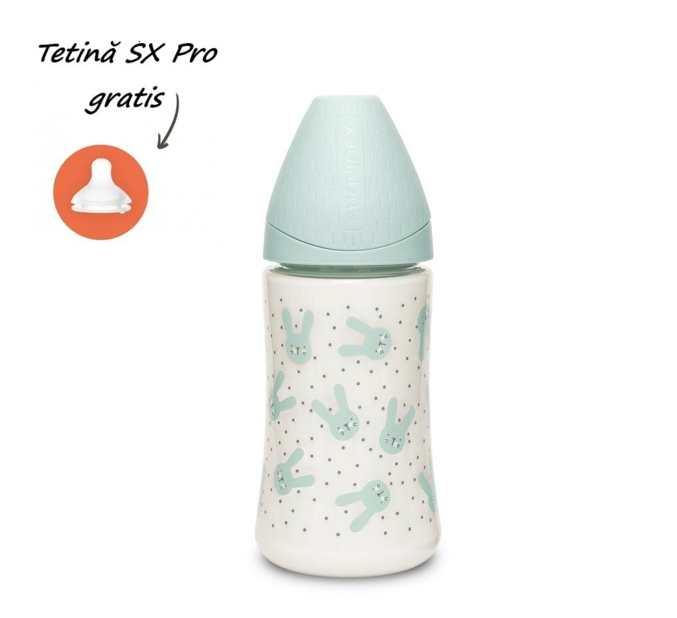 Suavinex Biberon cu tetina rotunda din silicon cu 3 fluxuri iepuras verde Hygge 270 ml