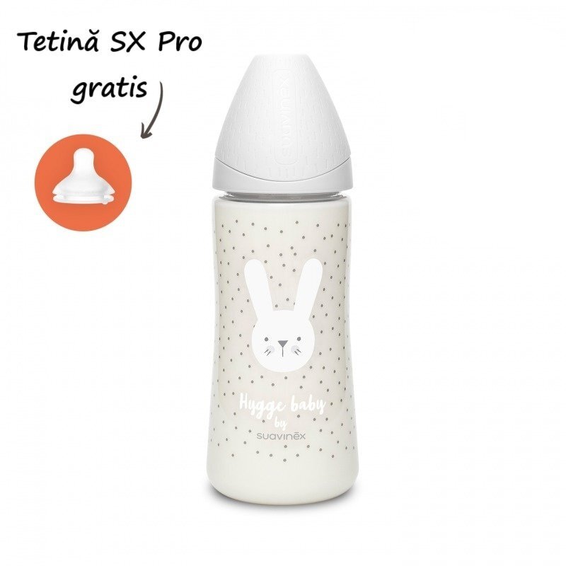 Suavinex Biberon cu tetina rotunda din silicon debit dens Hygge 360 ml iepuras gri