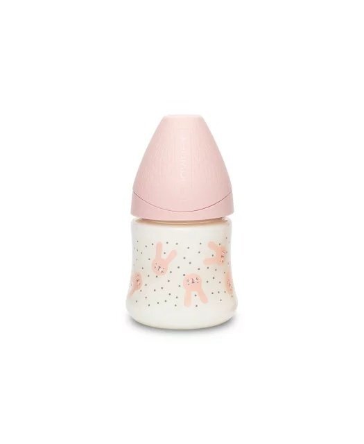 Suavinex Biberon cu tetina rotunda din silicon debit lent iepuras roz Hygge 150 ml