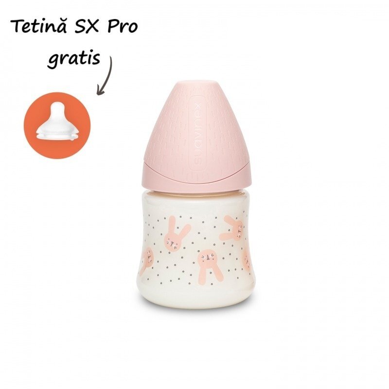 Suavinex Biberon cu tetina rotunda din silicon debit lent iepuras roz Hygge 150 ml
