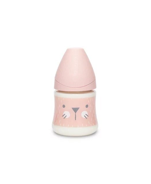 Suavinex Biberon cu tetina rotunda din silicon debit lent pisica roz Hygge 150 ml