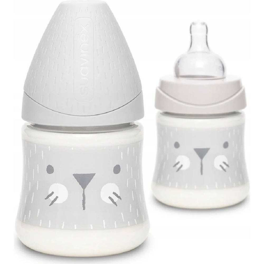 Suavinex Biberon cu tetina rotunda din silicon debit lent pisica roz Hygge 150 ml