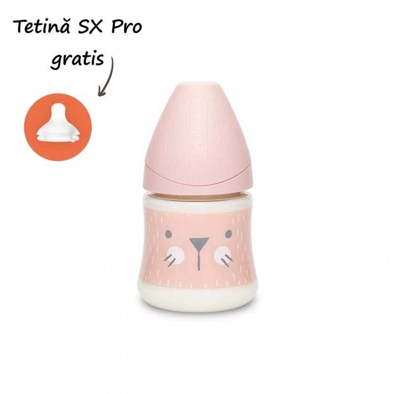 Suavinex Biberon cu tetina rotunda din silicon debit lent pisica roz Hygge 150 ml