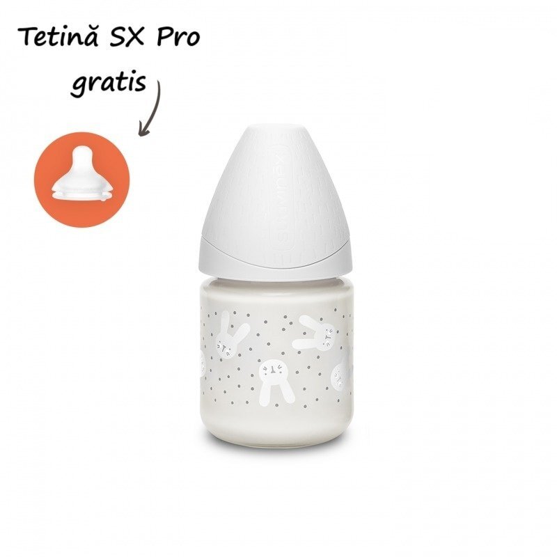 Suavinex Biberon din sticla cu debit lent iepuras gri Hygge 120 ml