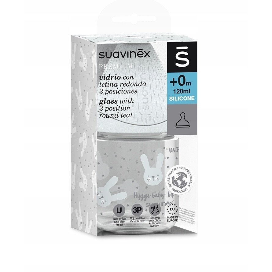 Suavinex Biberon din sticla cu debit lent iepuras verde Hygge 120 ml