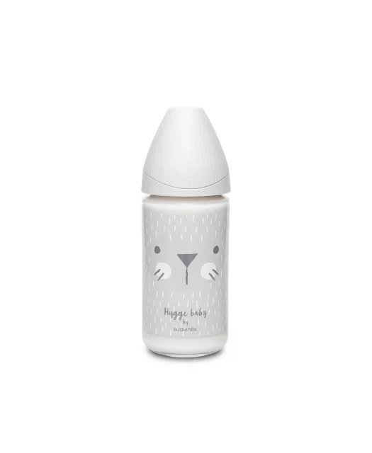 Suavinex Biberon din sticla cu tetina rotunda din silicon cu 3 fluxuri pisica gri Hygge 240 ml