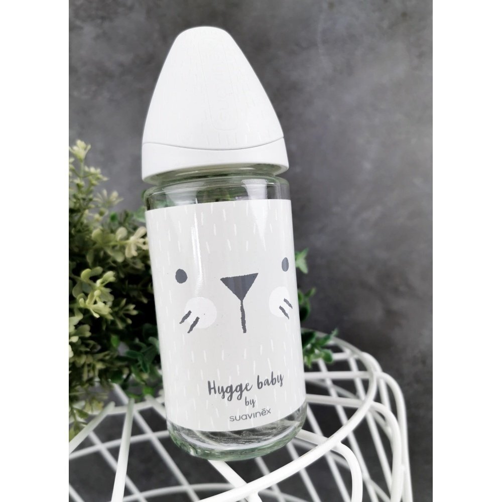 Suavinex Biberon din sticla cu tetina rotunda din silicon cu 3 fluxuri pisica gri Hygge 240 ml
