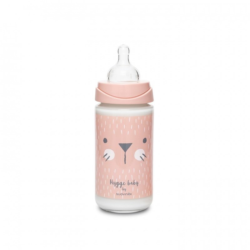 Suavinex Biberon din sticla cu tetina rotunda din silicon cu 3 fluxuri pisica gri Hygge 240 ml