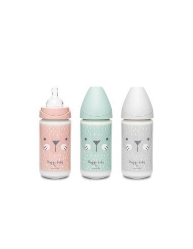 Suavinex Biberon din sticla cu tetina rotunda din silicon cu 3 fluxuri pisica gri Hygge 240 ml