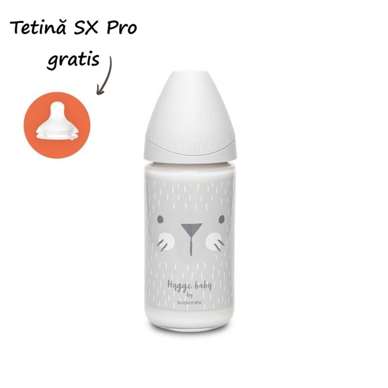 Suavinex Biberon din sticla cu tetina rotunda din silicon cu 3 fluxuri pisica gri Hygge 240 ml