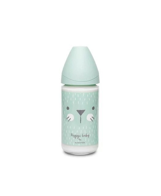 Suavinex Biberon din sticla cu tetina rotunda din silicon cu 3 fluxuri pisica verde Hygge 240 ml