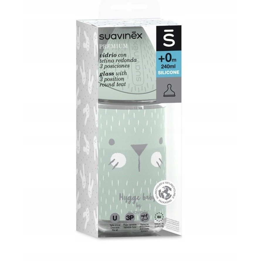 Suavinex Biberon din sticla cu tetina rotunda din silicon cu 3 fluxuri pisica verde Hygge 240 ml