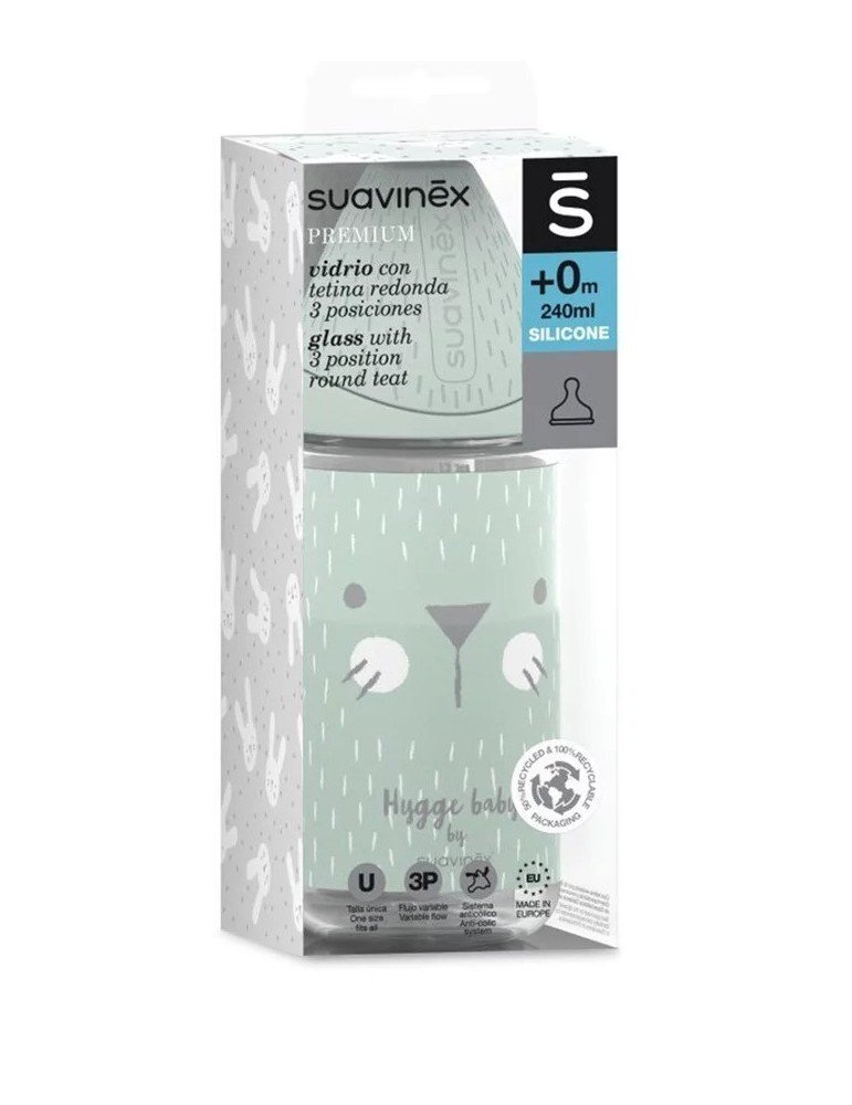 Suavinex Biberon din sticla cu tetina rotunda din silicon cu 3 fluxuri pisica verde Hygge 240 ml