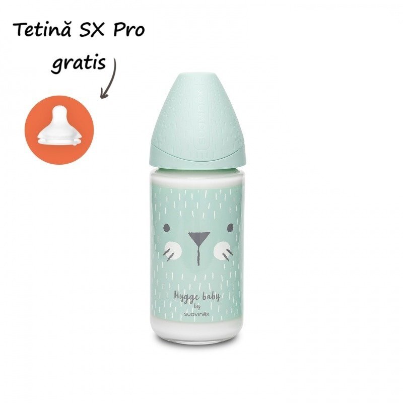 Suavinex Biberon din sticla cu tetina rotunda din silicon cu 3 fluxuri pisica verde Hygge 240 ml