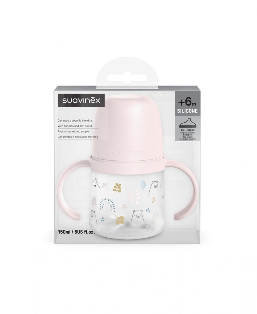 Suavinex Cana cu cioc din silicon Bears 150 ml roz