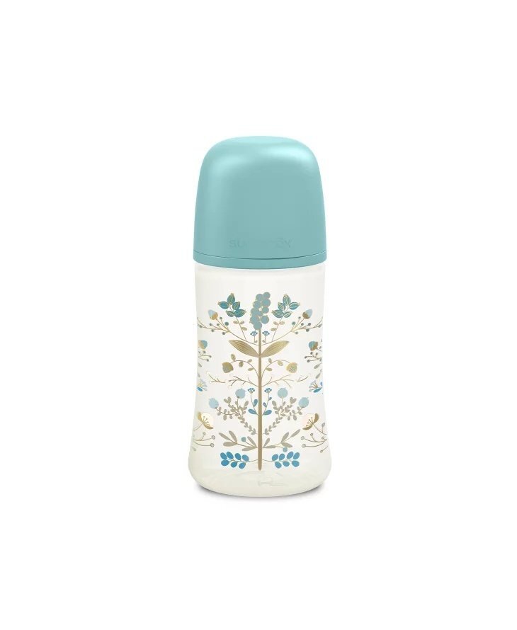 Suavinex Set biberon 270 ml cu suzeta 0-6m si lantisor albastru-gold premium
