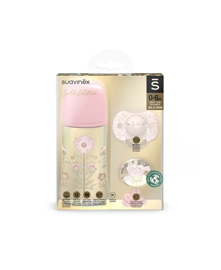 Suavinex Set biberon 270 ml cu suzeta 0-6m si lantisor roz-gold premium