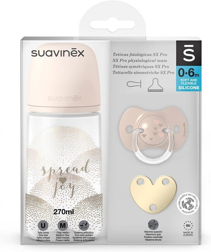 Suavinex Set biberon 270 ml cu tetina SX Pro cu debit mediu + suzeta SX Pro + clema pentru suzeta Spread Joy bej