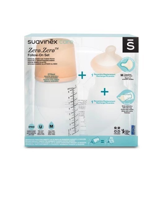 Suavinex Set biberon anticolici si tetina cu debit mediu plus saculet silicon Zero Zero 270 ml