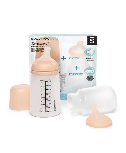 Suavinex Set biberon anticolici si tetina cu debit mediu plus saculet silicon Zero Zero 270 ml