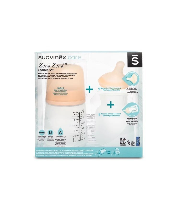 Suavinex Set biberon anticolici si tetina cu debit variabil plus saculet silicon Zero Zero 180 ml