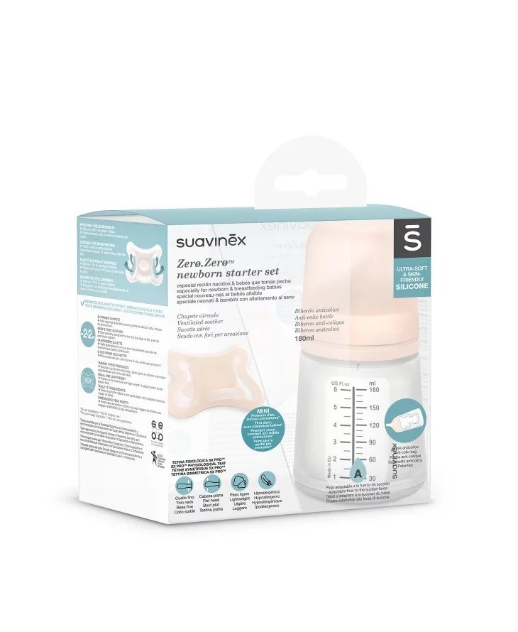 Suavinex Set biberon anticolici variabil si suzeta Zero Zero 180 ml