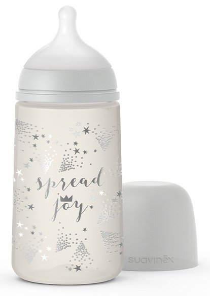 Suavinex Set cadou biberon 270 ml + suzeta 0-6m si clema Spread Joy Silver Premium