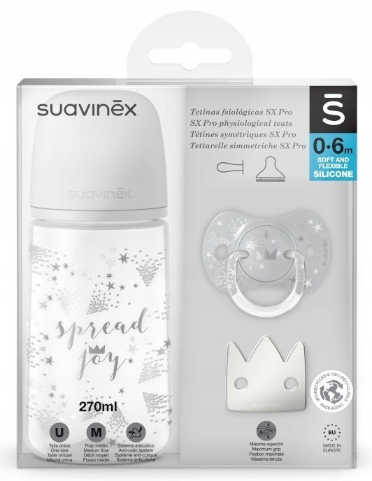 Suavinex Set cadou biberon 270 ml + suzeta 0-6m si clema Spread Joy Silver Premium