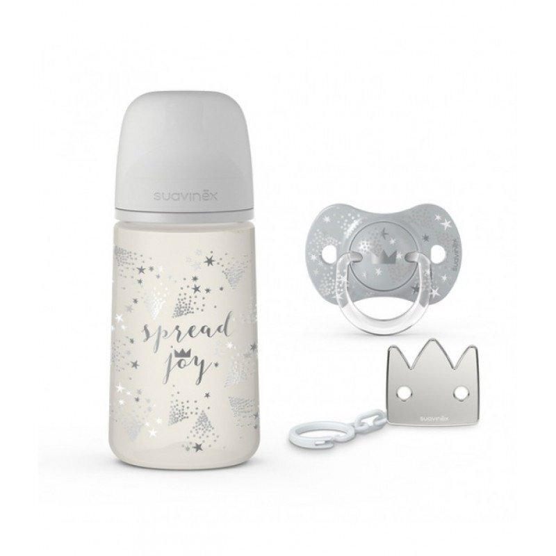 Suavinex Set cadou biberon 270 ml + suzeta 0-6m si clema Spread Joy Silver Premium