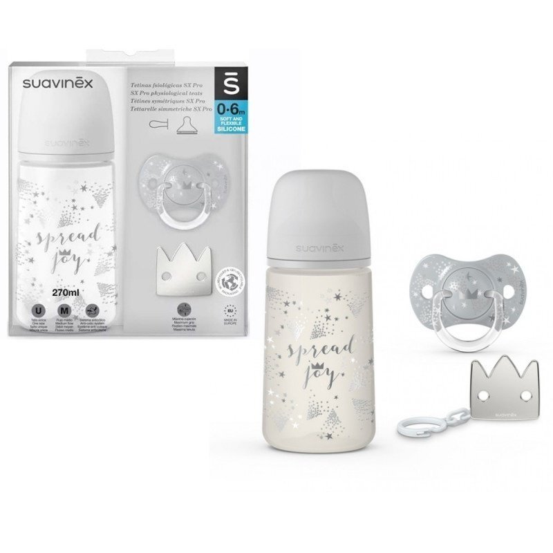 Suavinex Set cadou biberon 270 ml + suzeta 0-6m si clema Spread Joy Silver Premium