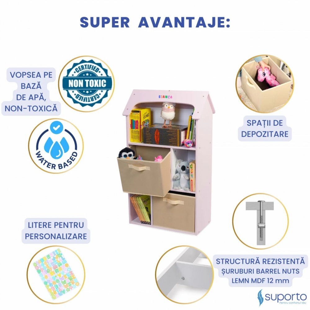 Suporto Biblioteca copii Organizator tip casuta cu raft pentru carti din lemn MDF roz