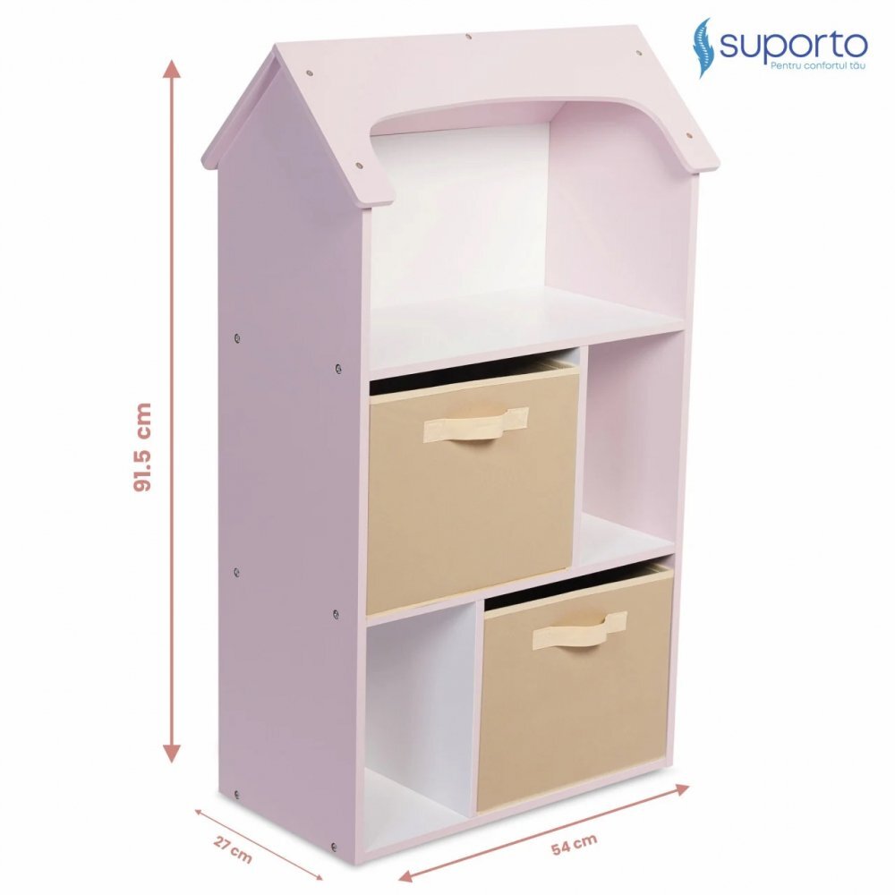 Suporto Biblioteca copii Organizator tip casuta cu raft pentru carti din lemn MDF roz